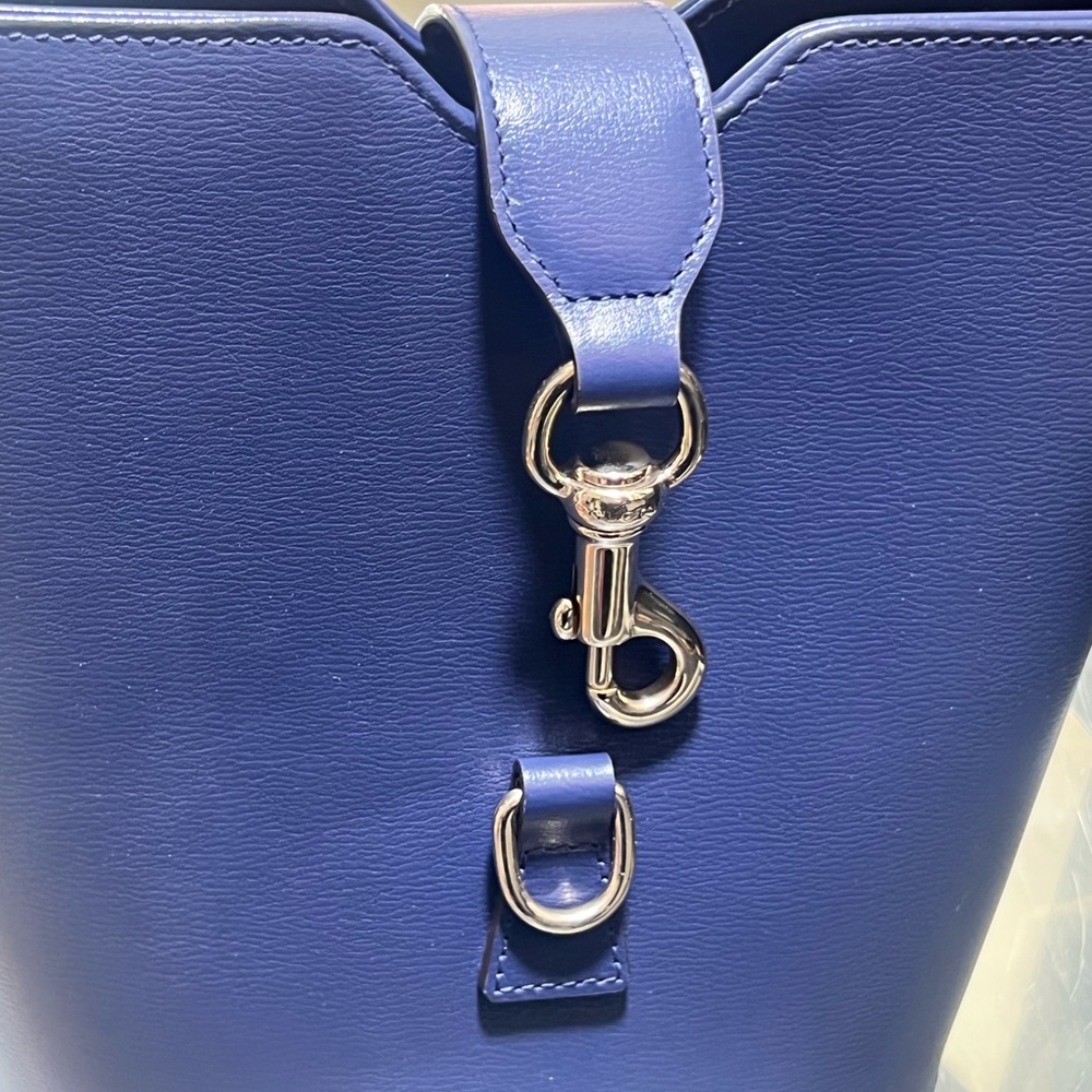 Women’s Navy Leather Bucket Bag with Green-Red Strap - Picture 15 of 16